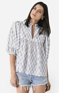 Sur La Vague Women's Puff Sleeve Flowy Ruffle Neck Floral‎ Blouse Blue Pink